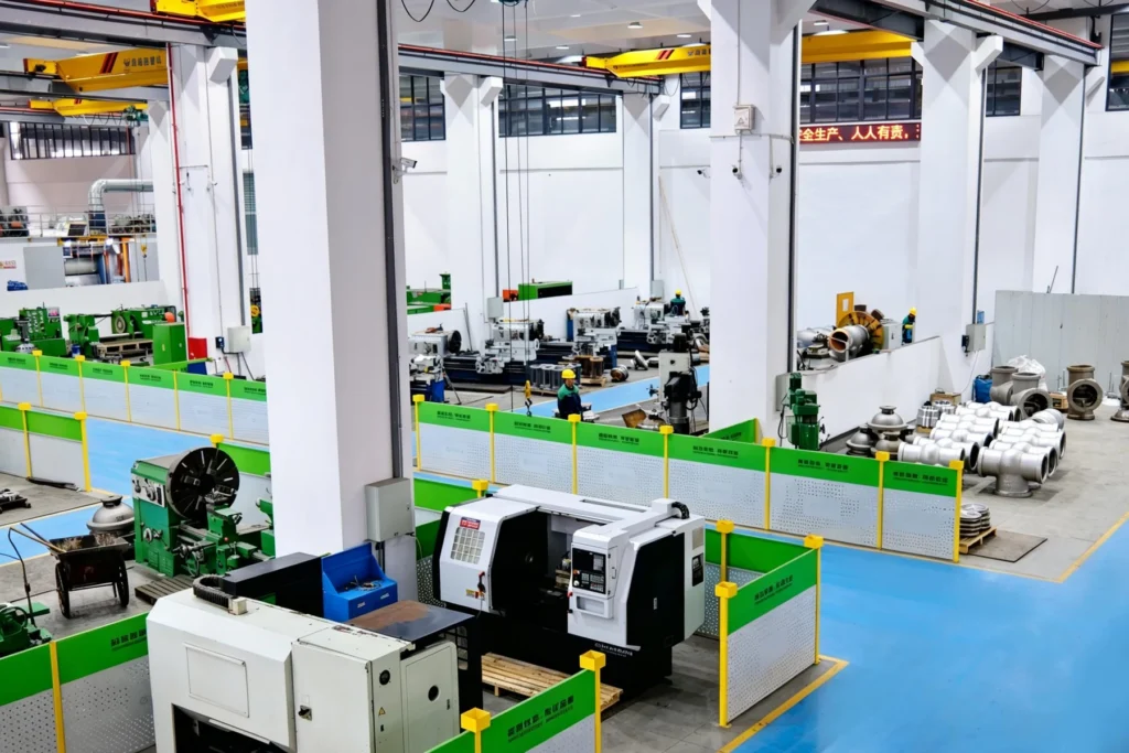 Industrial valve machining workshop with production equipment