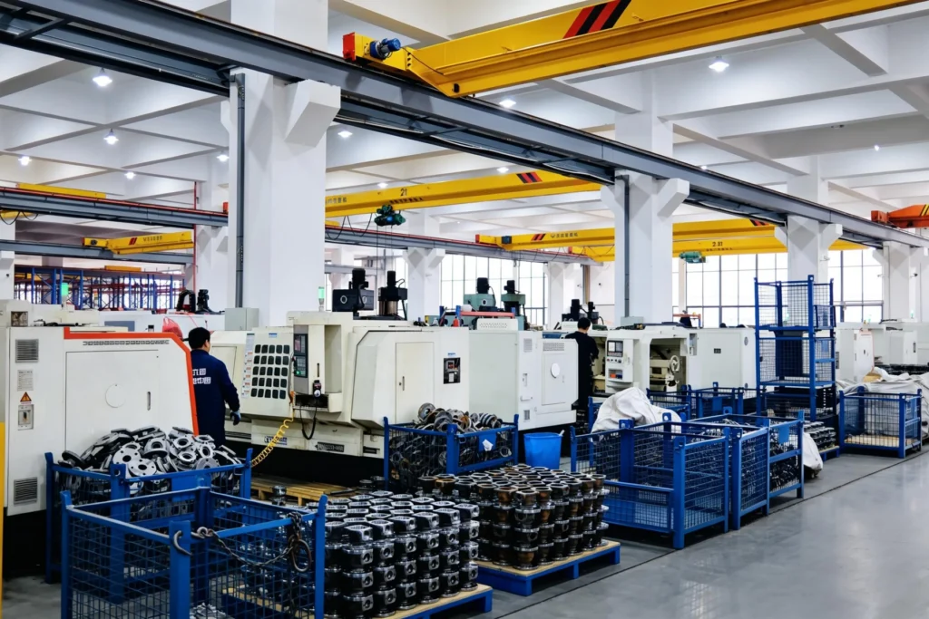 Valve production workshop with cranes and machining equipment