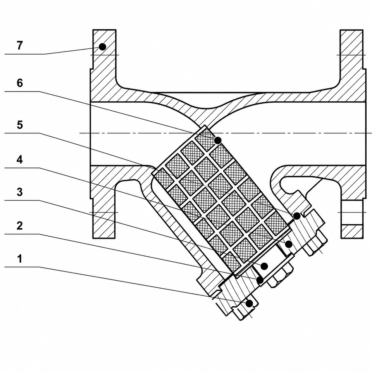 Y-Strainer HN66 HN66 Y-strainer sectional structure drawing with numbered parts