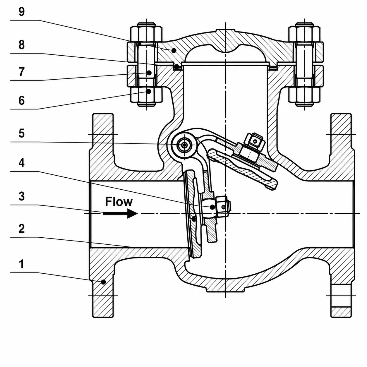 Swing Check Valve HN67 HN67 swing check valve sectional structure drawing with numbered parts