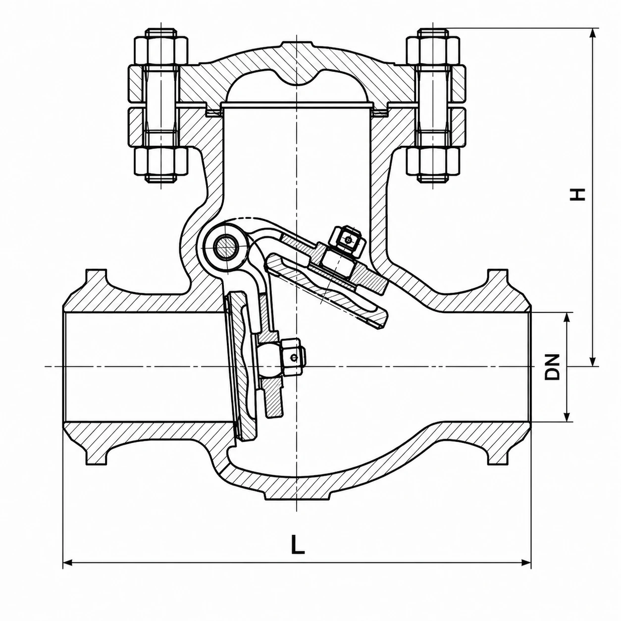 Swing Check Valve HN67 HN67 swing check valve butt-welded dimension drawing