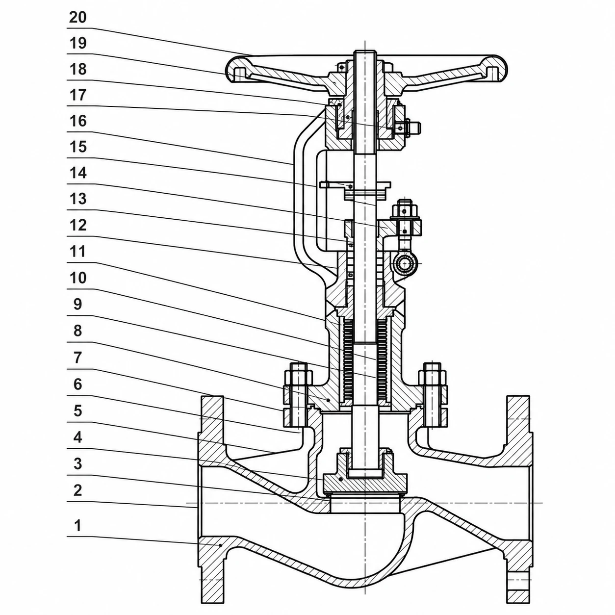 Long Type Bellow Seal Globe Valve HN68 HN68 long type bellow seal globe valve sectional structure drawing with numbered parts