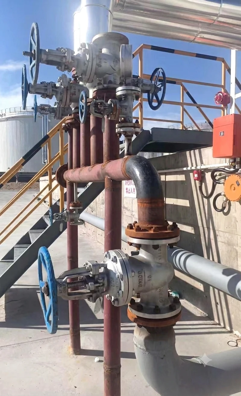 Industrial valves installed in oil and gas tank farm piping